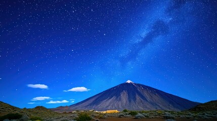A stunning night view of a mountain under a starry sky.