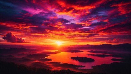 Vibrant sunset over a misty landscape with a lake, colorful clouds...Concept: Scenic beauty, nature, landscape, tranquility, dusk.
