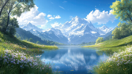 serene alpine lake surrounded by wildflowers and mountains
