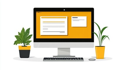 Desktop computer displaying a form and notepad application with potted plants