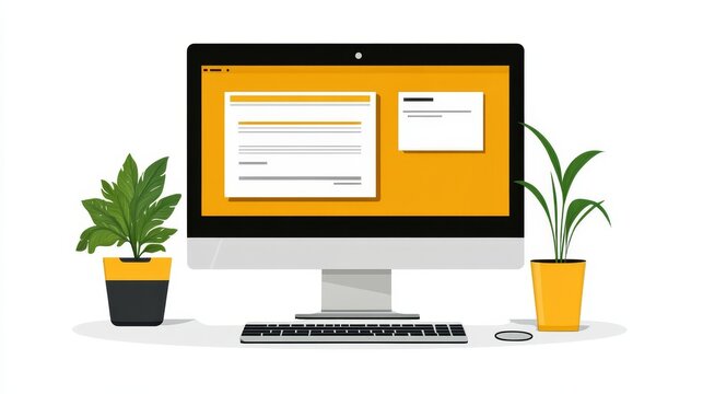 Desktop computer displaying a form and notepad application with potted plants