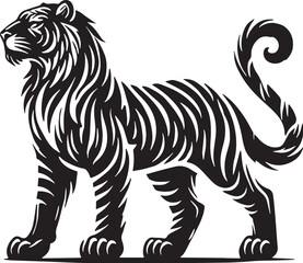 Fototapeta premium Black Color Tiger Silhouette Vector Illustration, Solid White Background