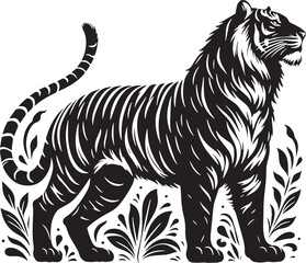 Black Color Tiger Silhouette Vector Illustration, Solid White Background