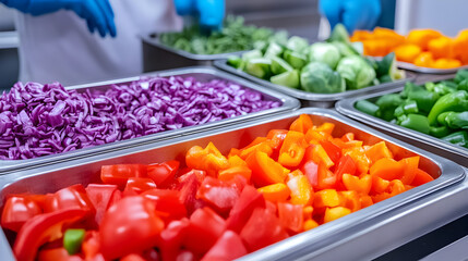 Overhead view of clean culinary action preparing fresh veggies in a commercial kitchen