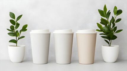 Fototapeta premium Coffee cups with greenery display modern setting still life minimalist view fresh concept