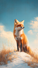 fox standing on snowy hill under blue sky
