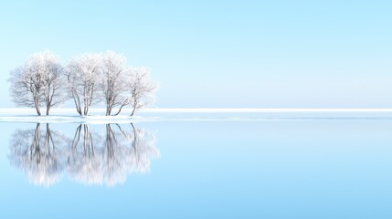 Snow Covered Trees Reflected in Calm Water
