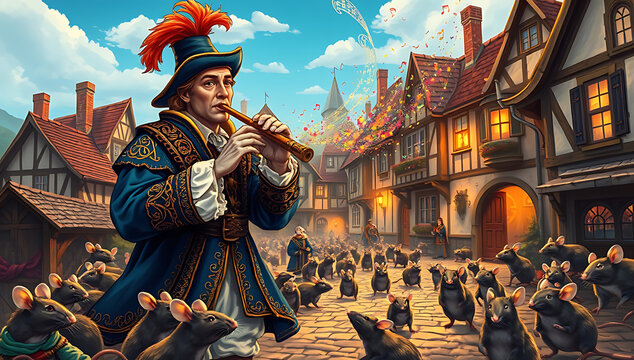 A vibrant depiction of the Pied Piper leading a parade of rats through a cobblestone town, with the Piper dressed in colorful, medieval attire, playing a flute that radiates magical musical notes