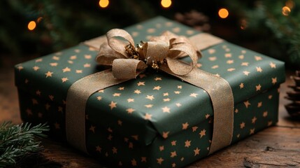 Festive Gift Box with Ribbon on Wooden Table Surrounded by Pine Branches