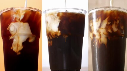 Vertical video front view CU trio of iced coffee cups with milk being poured, creating mesmerizing swirls against gradient backgrounds, Themes of refreshment and energy.