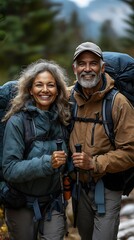 Fototapeta premium An older interracial couple hikes a scenic trail, embracing the beauty of nature at golden hour, with genuine smiles reflecting their active lifestyle and adventurous spirit