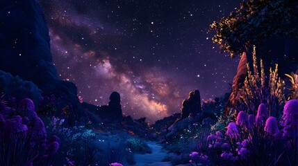 Alien Landscape Underneath A Starry Night Sky