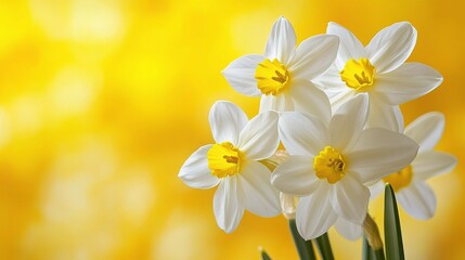 Daffodils in Golden Light: A cluster of pristine white daffodils, their golden trumpets gleaming, stand out against a vibrant yellow background, capturing the essence of spring's vibrant rebirth.