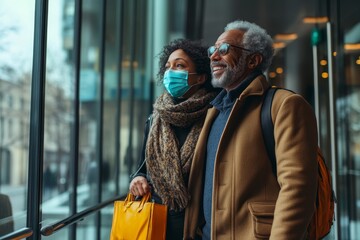 Happy man and his wife checking in at a hotel while traveling during COVID-19 pandemic. Generative AI