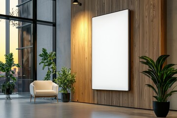 Vertical signage mockup in a stylish office lobby, blank and ready for advertising.