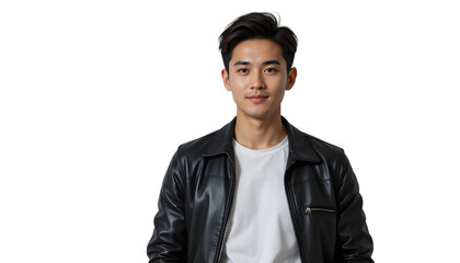 Young Asian man in black leather jacket.