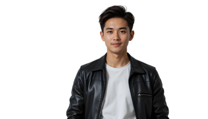 Young Asian man in black leather jacket.