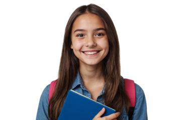 Smiling young student girl with book isolated on transparent background

