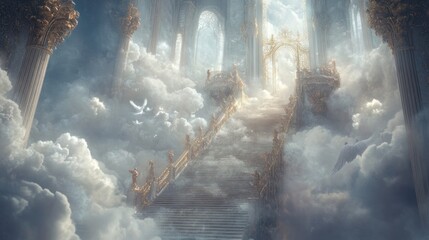 Heavenly staircase ascending to a glorious golden gate among clouds.