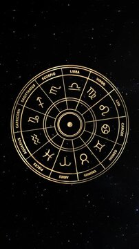 Astrology Circle Natal Horoscope with Zodiac Signs. Astrological houses wheel Gold rotate in the Universe background. The twelve zodiac signs presentation. Vertical animation in 4k