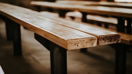 Fototapeta premium Empty courtroom with wooden benches, symbolizing justice, law, and the solemn atmosphere of legal proceedings in a quiet, reflective space