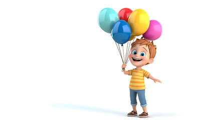 Joyful Cartoon Boy Holding Colorful Balloons Happy Child 3D Render Illustration