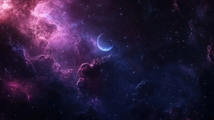 Crescent moon in a vibrant nebula.