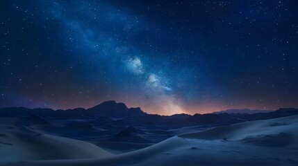 Starry Night Sky Over Desert Mountains and Sand Dunes
