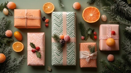 Festive Gift Arrangement with Citrus and Evergreen Accents for Celebrations