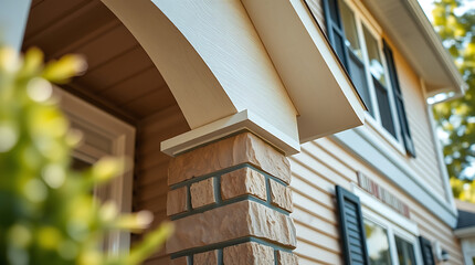 Elegant Home Exterior: Brick Column and Porch Design. High-quality image showcasing beautiful house architecture, ideal for real estate and home improvement websites.