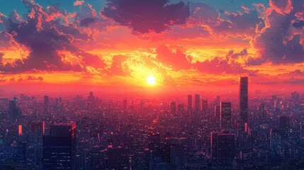 Fototapeta premium A vibrant cityscape bathed in the warm glow of a breathtaking sunset. Ideal for wallpapers, digital art, or backgrounds.
