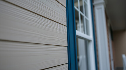 Obraz premium Modern House Exterior with Beige Wood Siding and Blue Window Trim. High-quality image showcasing the architectural details and siding texture.