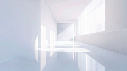 Fototapeta premium Sunlit Corridor: Light streams through large windows in a minimalist, modern hallway, creating a bright and airy atmosphere.