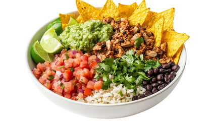 Delicious chicken burrito bowl restaurant food photography bright setting top-down view culinary delight