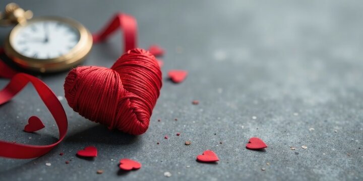 Romantic yarn heart with antique timepiece and red ribbon on a dark surface