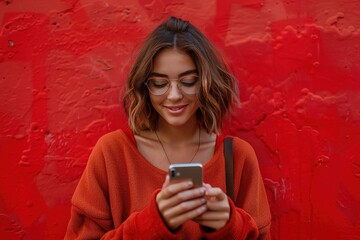 Portrait smiling, confident woman using smart phone against red background