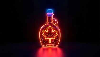 Vibrant Glowing Red and Blue Neon Maple Syrup Bottle Isolated on Black Background for Marketing