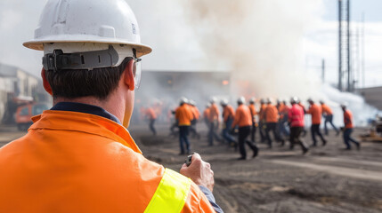 Safety officer directing workers during fire drill in industrial area