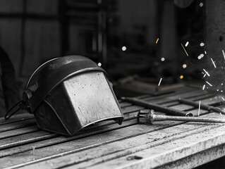 close up of welding mask resting on metal workbench, showcasing sparks