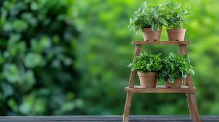 Upcycling trend. A tiered plant stand with pots filled with greenery against a blurred natural background.