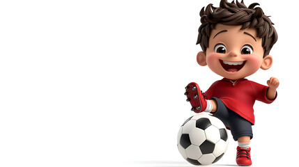 Joyful Cartoon Boy Kicking Soccer Ball 3D Render Happy Child Playing Football White Background