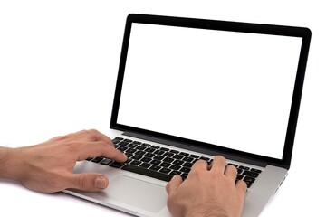 High Definition Image of Cropped Shot Man Typing Mockup Laptop Computer with Blank Screen