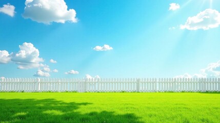 Serene Summer Day A Lush Green Lawn Encloses a Pristine White Picket Fence Against a Vibrant Blue Sky with Puffy White Clouds