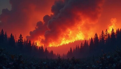 Fototapeta premium A dramatic view of a forest fire engulfing trees under a fiery sky.