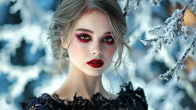A gothic vampire queen with stunning dark makeup stares seductively into the camera, her pale skin contrasting with her crimson lips and piercing eyes