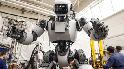 Fototapeta premium A humanoid robot in a workshop, showcasing advanced technology.