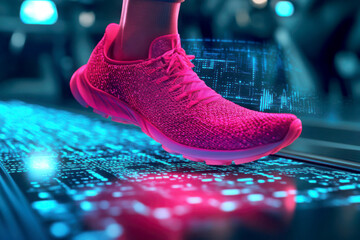 A vibrant running shoe glowing on a digital track.