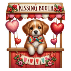 Cute puppy in a kissing booth with hearts and flowers, perfect for Valentine's themes.