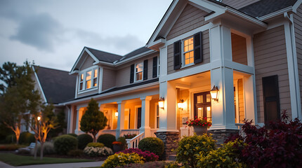 Obraz premium Luxury Suburban Home at Night: Captivating Exterior Architecture and Landscaping
