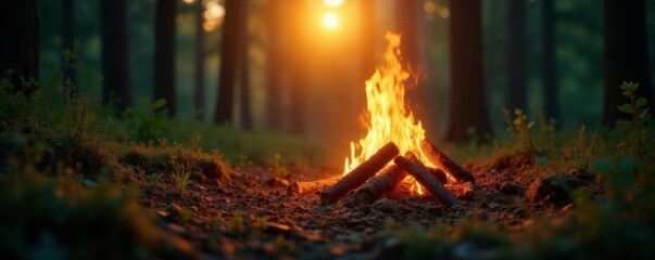 A serene campfire glows warmly in a lush forest during sunset.